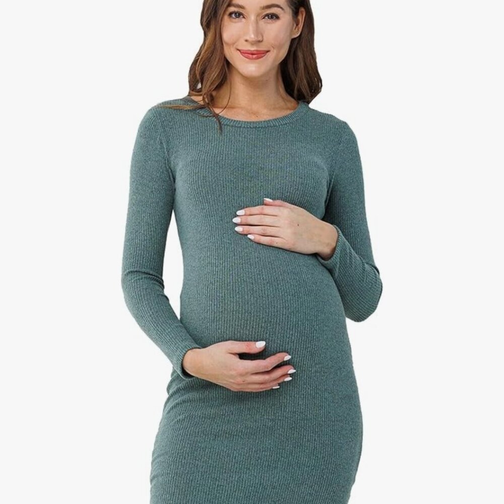 HELLO MIZ Women's Knit Ribbed Maternity Dress with Long Sleeve